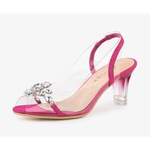 Allegra K 9 hot pink Clear slingback flower rhinestone peep toe heel sandals New